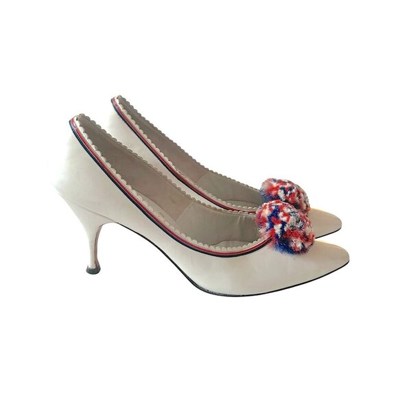 Vintage 50s/60s Julianelli's for Montaldo's White Leather Pom Pom Heels 8AAA - Picture 6 of 16